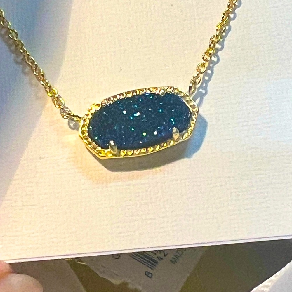 NWT Kendra Scott Retired Elisa Necklace Blue Sparkly Drusy & Yellow Gold GORG! - Picture 1 of 13